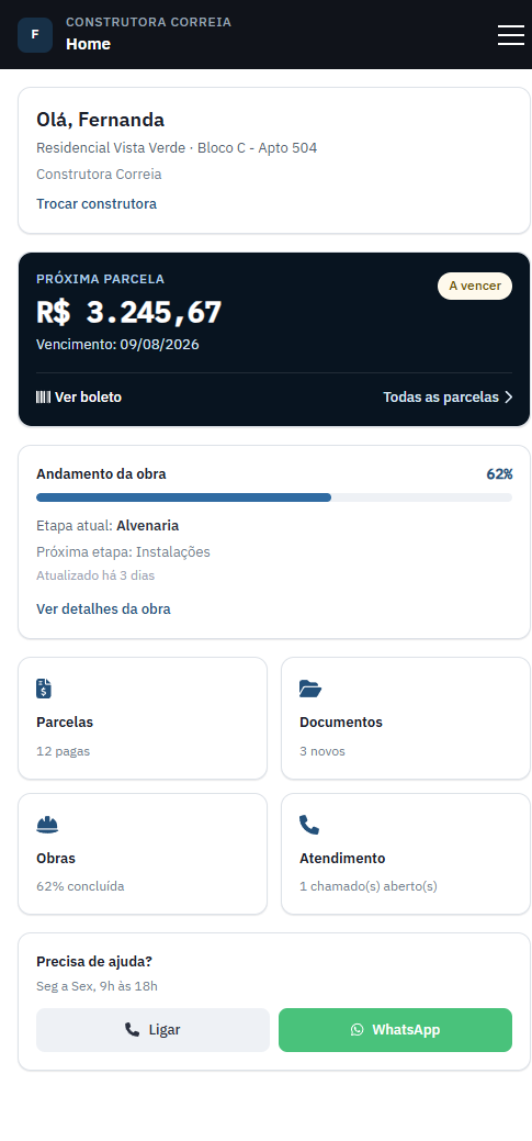 Portal do cliente do Exopus exibindo parcelas e andamento da obra